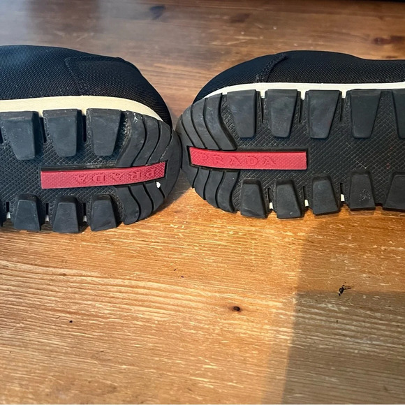 PRADA Linea Rossa Slip On Sneakers Black Nylon Slide On Size 37.5 Leather Trim - Picture 9 of 14
